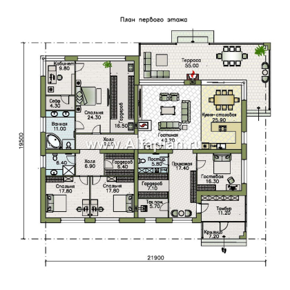 «Финансист» - проект одноэтажного дома, планировка мастер спальня, с сауной и с террасой - превью план дома