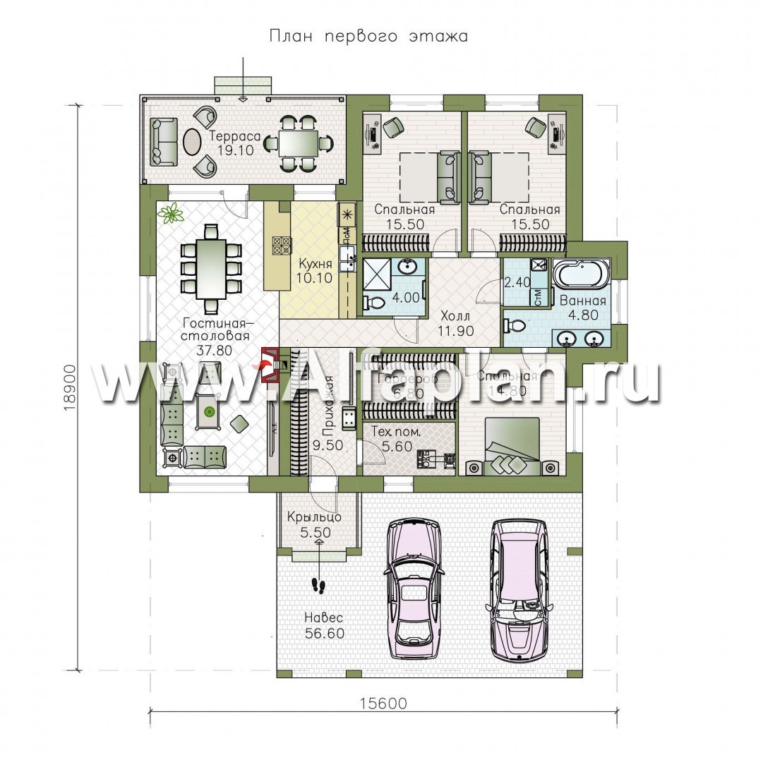 Проекты домов Альфаплан - «Покровка» - стильный одноэтажный коттедж с гаражом-навесом - план проекта №1