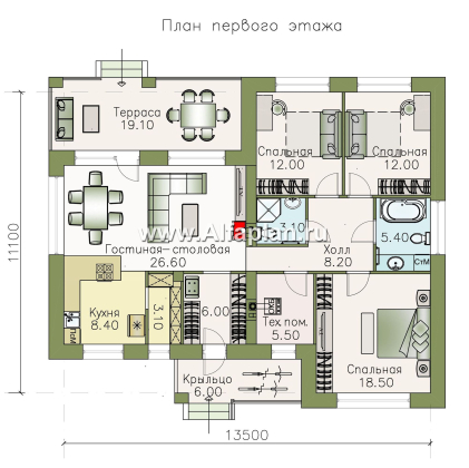 «Вуокса» - проект одноэтажного дома из кирпича, с комфортной планировкой, с террасой - превью план дома