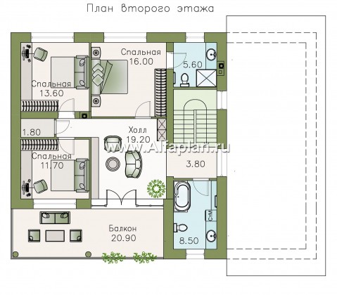«Сезанн» - современный проект двухэтажного дома с террасой и с балконом, пристройка с сауной или квартирой - превью план дома