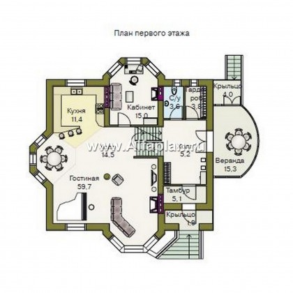 «Крестный Пачино»  - проект трехэтажного дома, с эркером и с верандой, с гаражом - превью план дома