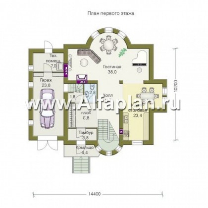 «Барби-Холл»  - проект трехэтажного дома, с полукруглым эркером - превью план дома