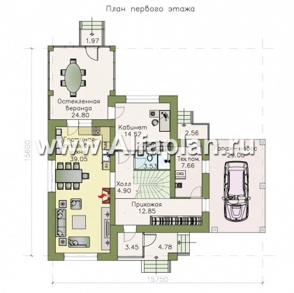 «Рождествено»- проект двухэтажного дома, планировка с кабинетом на 1 эт, с большой верандой и навесом для 1 авто - превью план дома