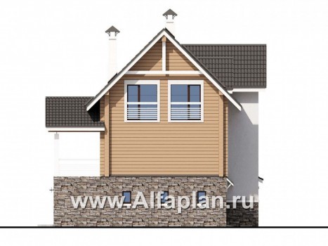 «АльфаВУД» - проект дома с мансардой, из дерева, на цоколе из кирпича, с сауной и с гаражом - превью фасада дома
