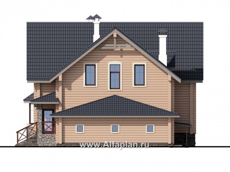 «АльфаВУД» - проект дома с мансардой, из дерева, с цокольным этажом и с гаражом - превью фасада дома