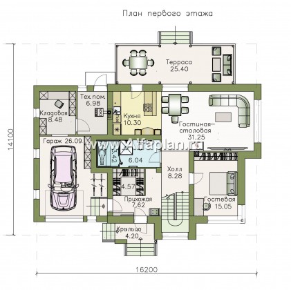 «Сириус» - красивый коттедж, проект дома с мансардой, из кирпича, фасад штукатурка, с террасой и с гаражом, современный стиль - превью план дома