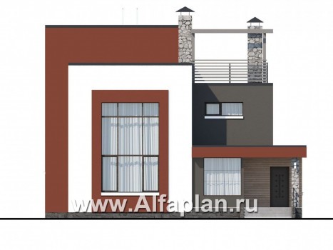 «Пристань» - проект двухэтажного современного дома, плоской эксплуатируемой крышей, в стиле минимализм - превью фасада дома