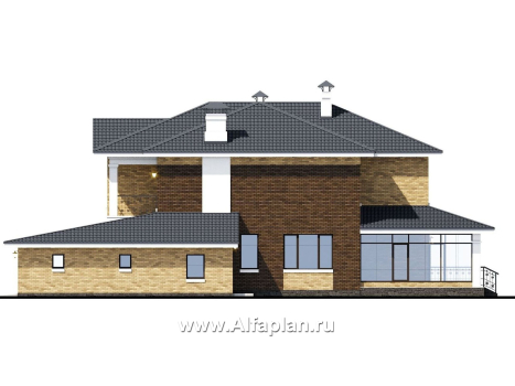 «Орлов» - проект двухэтажного дома из кирпича, с террасой и балконом, планировка с лестницей в центре, с гаражом на 2 авто - превью фасада дома