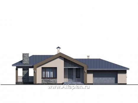 «Аркада» - проект одноэтажного дома, современный стиль, барнхаус, с террасой и с гаражом - превью фасада дома