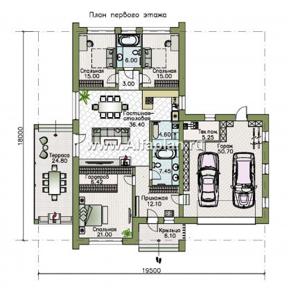 «Аркада» - проект одноэтажного дома, современный стиль, барнхаус, с террасой и с гаражом - превью план дома