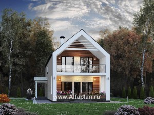 «Барн» - проект дома с мансардой, современный стиль барнхаус, с сауной, террасой и балконом