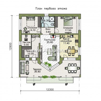 «Вектор» - проект стильного одноэтажного дома, с эркером и с террасой, 2 спальни - превью план дома