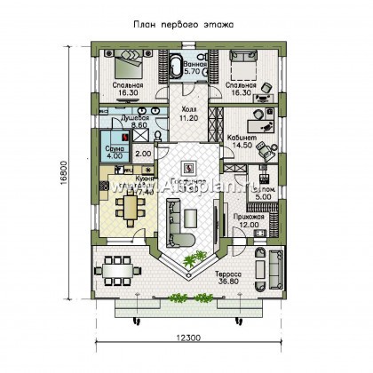 «Вектор Плюс» - проект одноэтажного дома, с эркером и с террасой, с сауной, 3 спальни - превью план дома