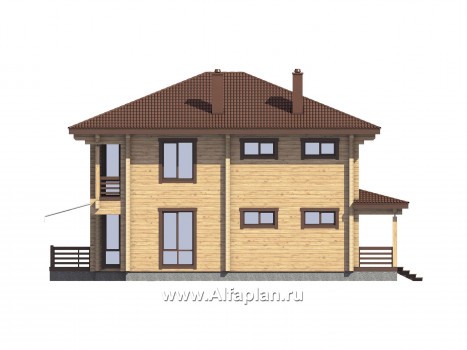 Проект двухэтажного дома из бруса, планировка с кабинетом на 1 эт и с навесом на 1 авто, с угловой террасой - превью фасада дома