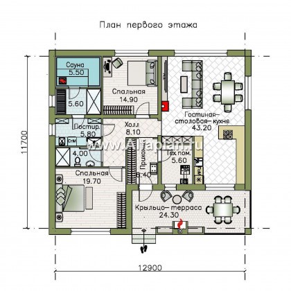 «Веда» - проект одноэтажного дома с сауной, с террасой, с двускатной крышей - превью план дома