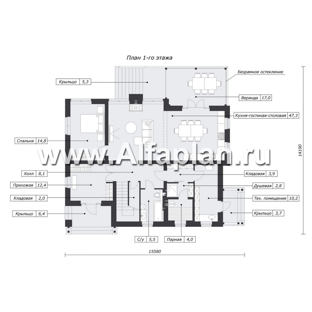 Проект дома с мансардой, планировка с кабинетом на 1 эт и с террасой - план дома
