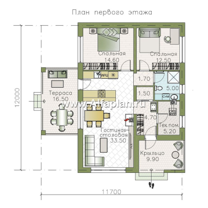 Проекты домов Альфаплан - «Корица» - проект дома с односкатной крышей, с двумя спальнями - превью плана проекта №1