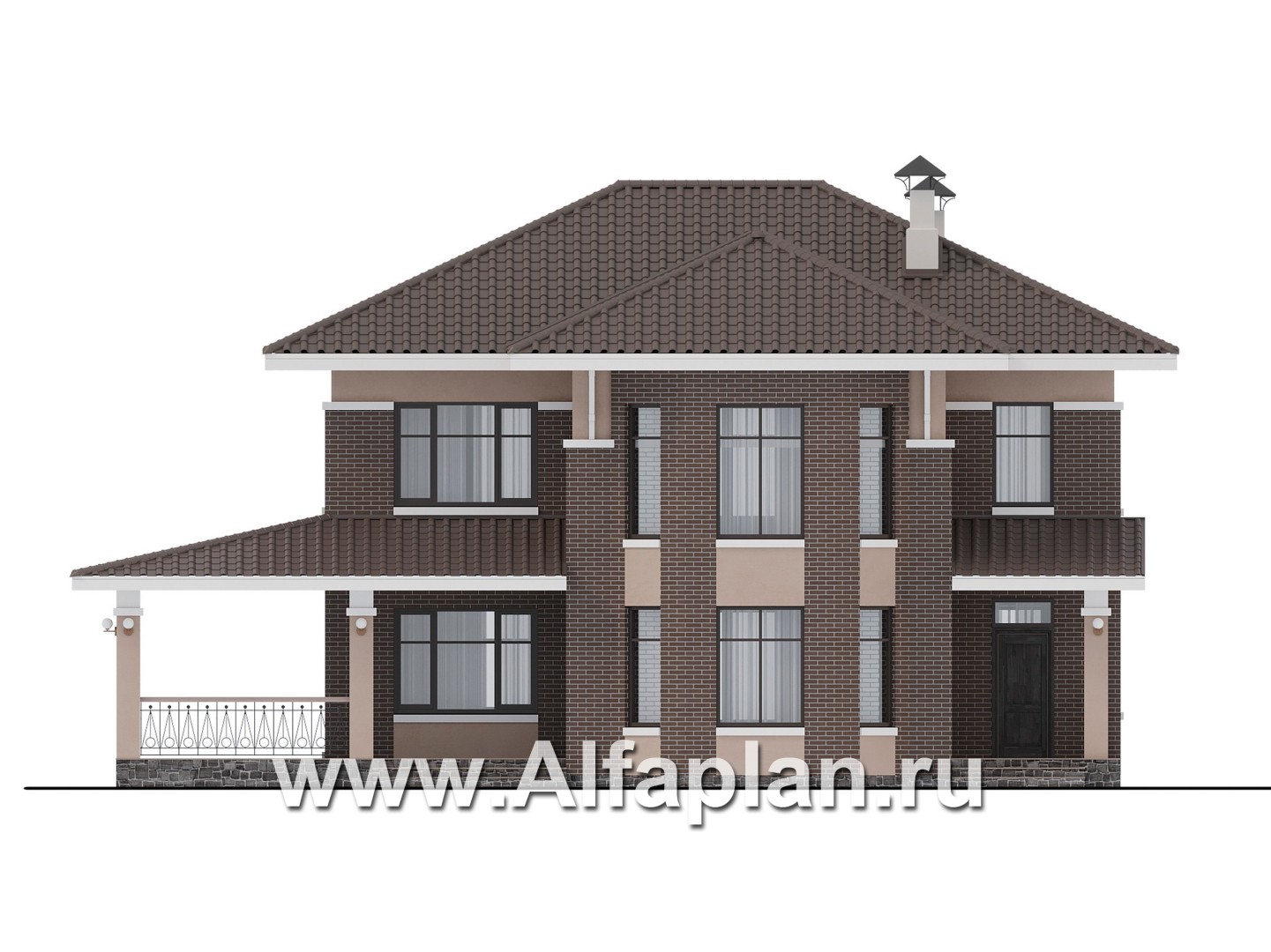 Проекты домов Альфаплан - Проект двухэтажного дома с эркером и лестницей в гостиной - изображение фасада №1