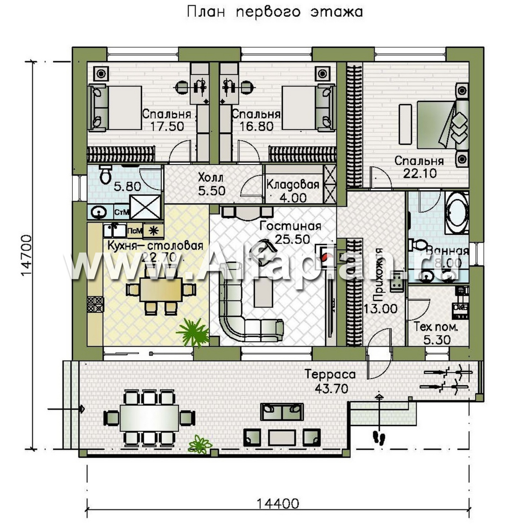 Проекты домов Альфаплан - "Аметист" - экономичный одноэтажный дом с современной кровлей - изображение плана проекта №1