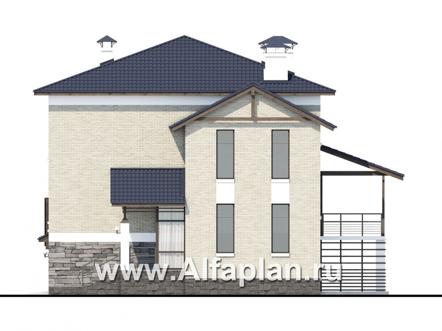 Проекты домов Альфаплан - «Линия горизонта» - современный коттедж с гаражом в цоколе - изображение фасада №2