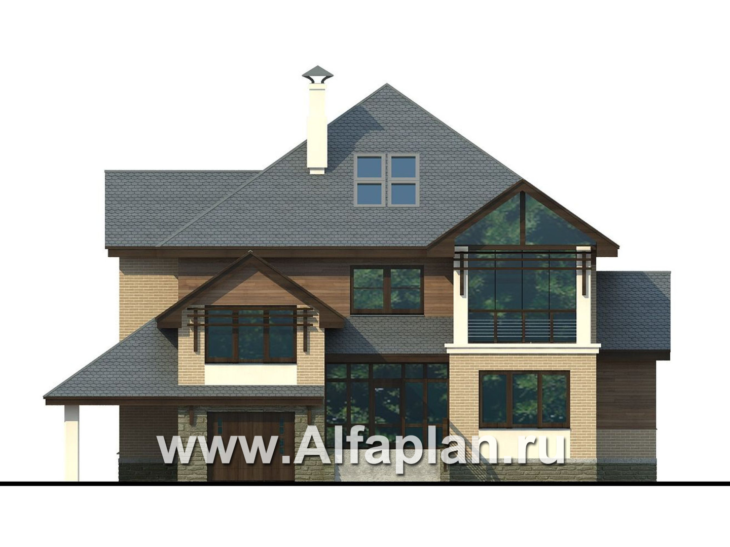 Проекты домов Альфаплан - «Современник» - коттедж с панорамными окнами - изображение фасада №1