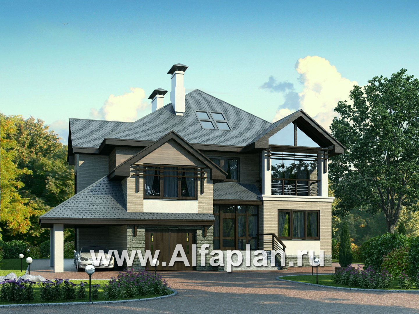 Проекты домов Альфаплан - «Современник» - коттедж с панорамными окнами - основное изображение