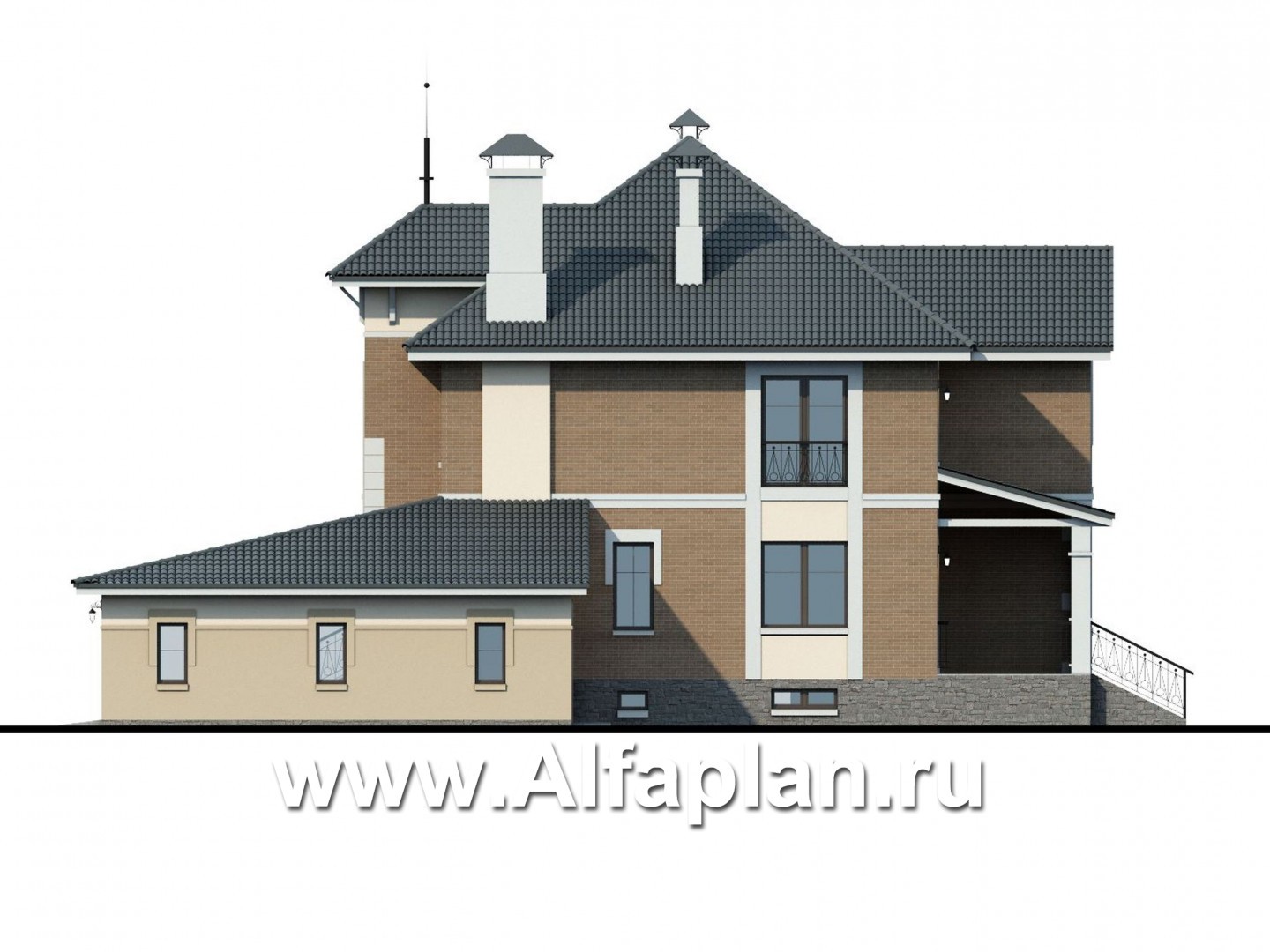 Проекты домов Альфаплан - «Феникс плюс» - коттедж с большим гаражом и цокольным этажом - изображение фасада №2