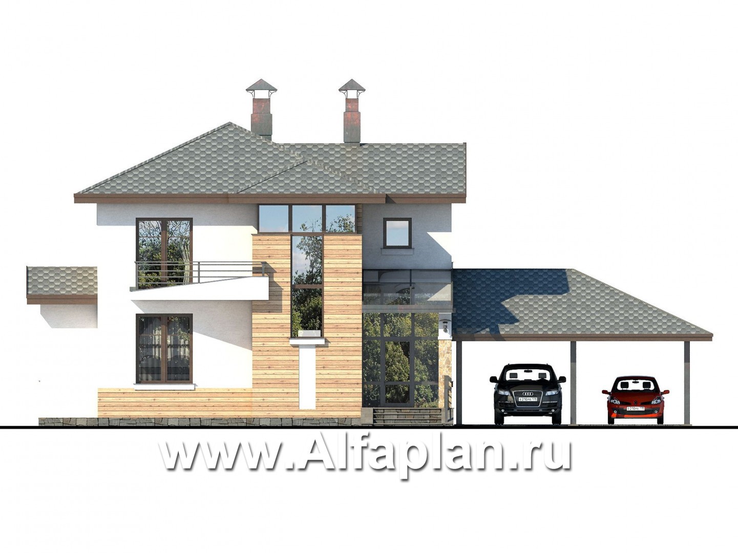 Проекты домов Альфаплан - «Тренд» - современный загородный дом с навесом для машины - изображение фасада №1