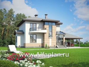 Проекты домов Альфаплан - «Тренд» - современный загородный дом с навесом для машины - превью основного изображения