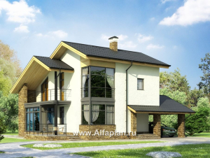 Проекты домов Альфаплан - Двухэтажный кирпичный коттедж с угловым витражом - превью основного изображения