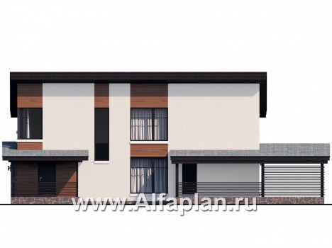 «Писарро» - проект двухэтажного дома для узкого участка, 3 мпальни, с террасой, с односкатной кровлей в стиле минимализм - превью фасада дома