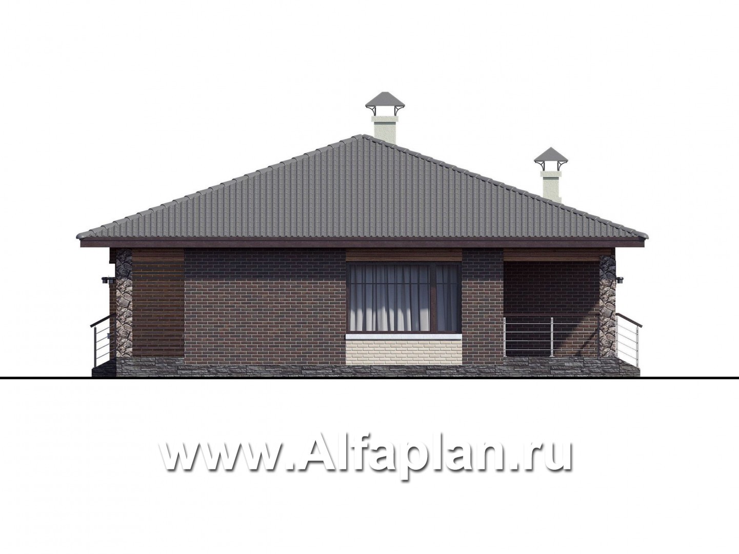 Проекты домов Альфаплан - «Волхов» - уютный одноэтажный коттедж с тремя спальнями - изображение фасада №2