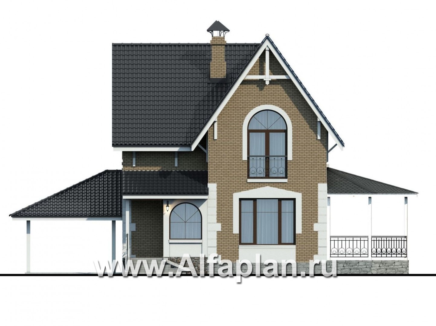 Проекты домов Альфаплан - Кирпичный дом «Оптима» с навесом и террасой - изображение фасада №1