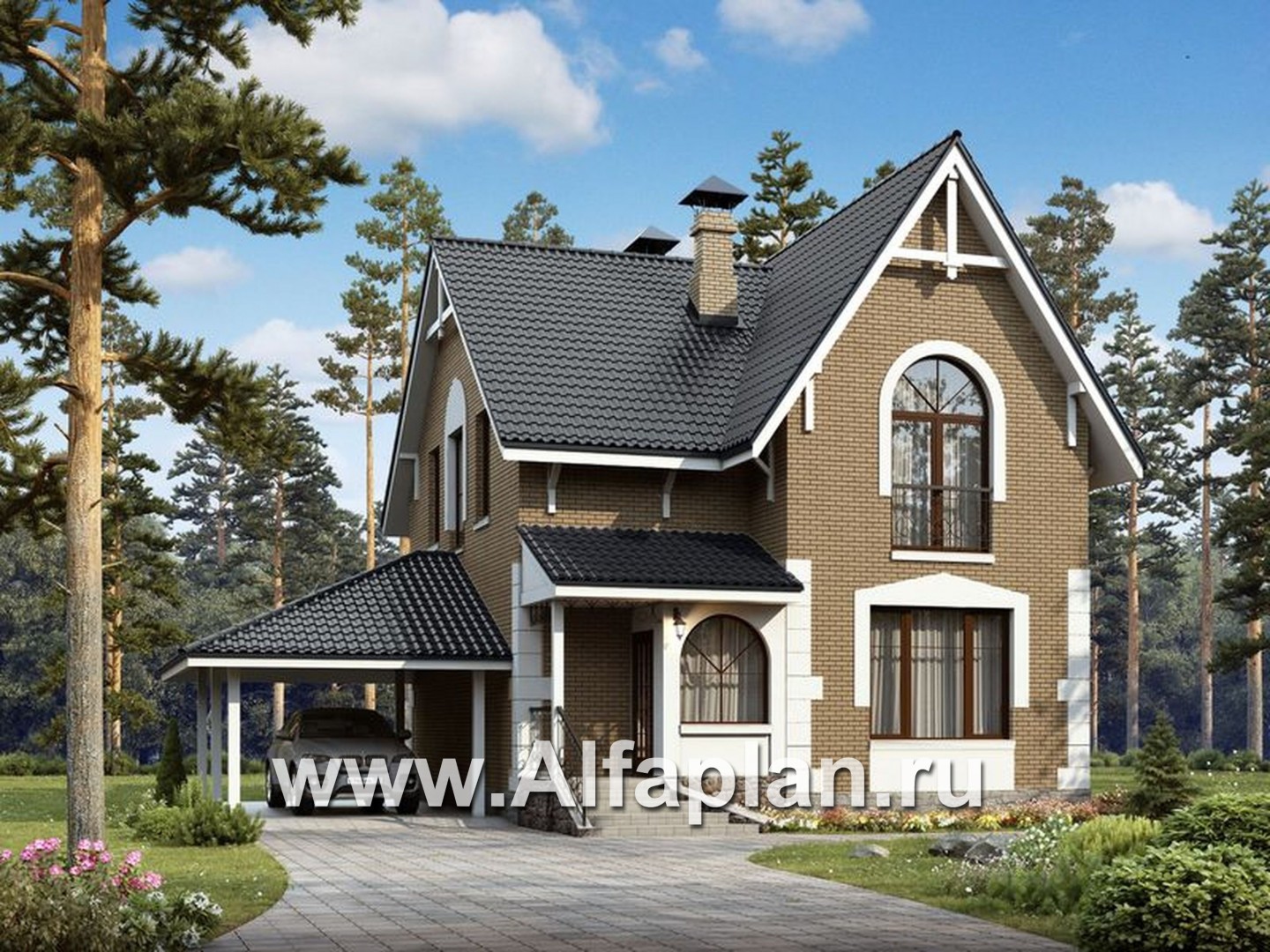 Проекты домов Альфаплан - Кирпичный дом «Оптима» с навесом и террасой - основное изображение