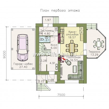 Проекты домов Альфаплан - Кирпичный дом «Оптима» с навесом и террасой - превью плана проекта №1