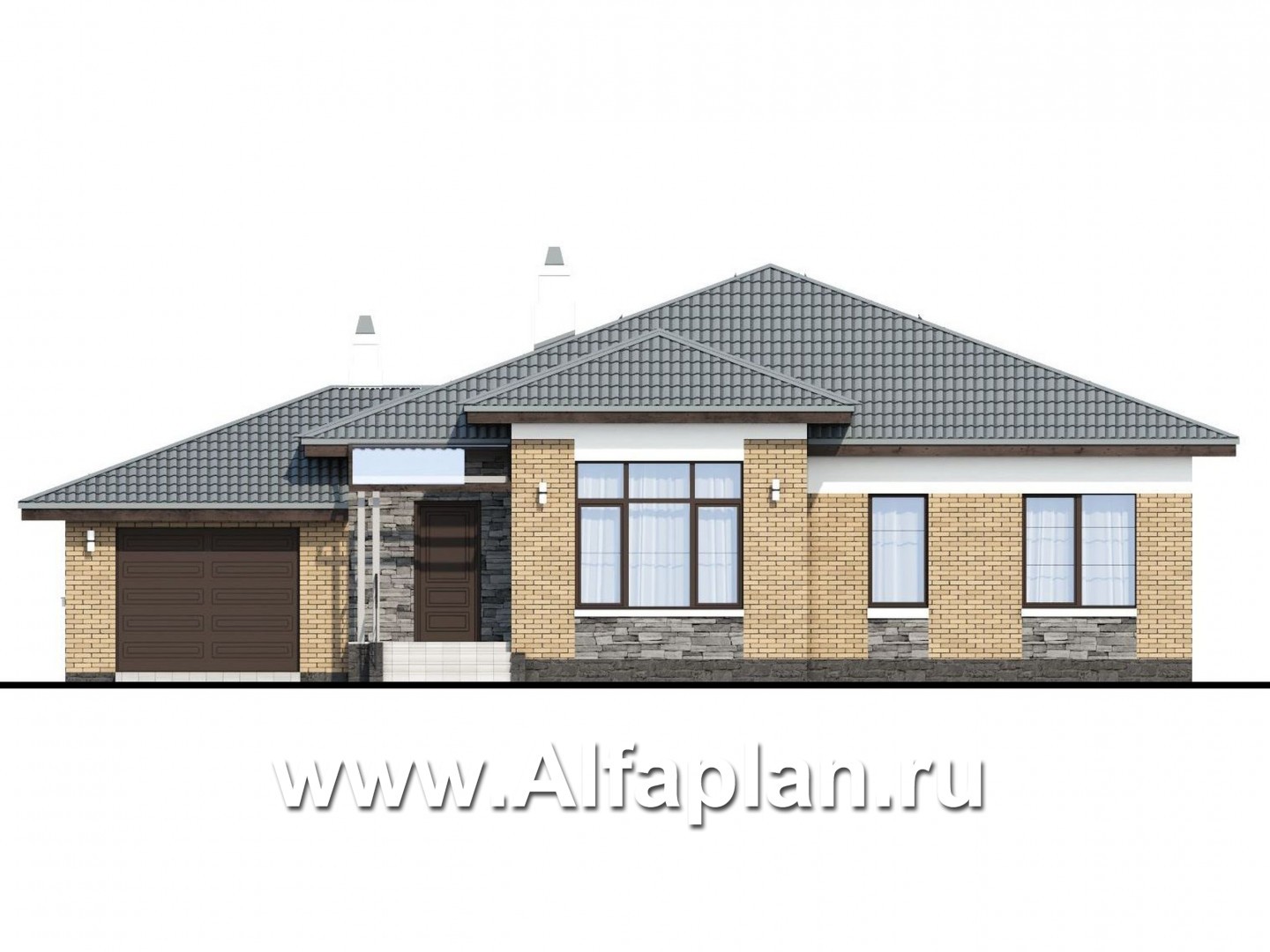 Проекты домов Альфаплан - Одноэтажный дом из кирпича «Княженика» с гаражом - изображение фасада №1