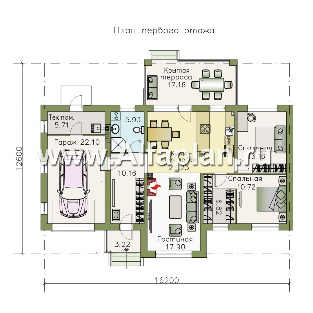 Проекты домов Альфаплан - Одноэтажный дом из кирпича «Княженика» с гаражом - план проекта №1