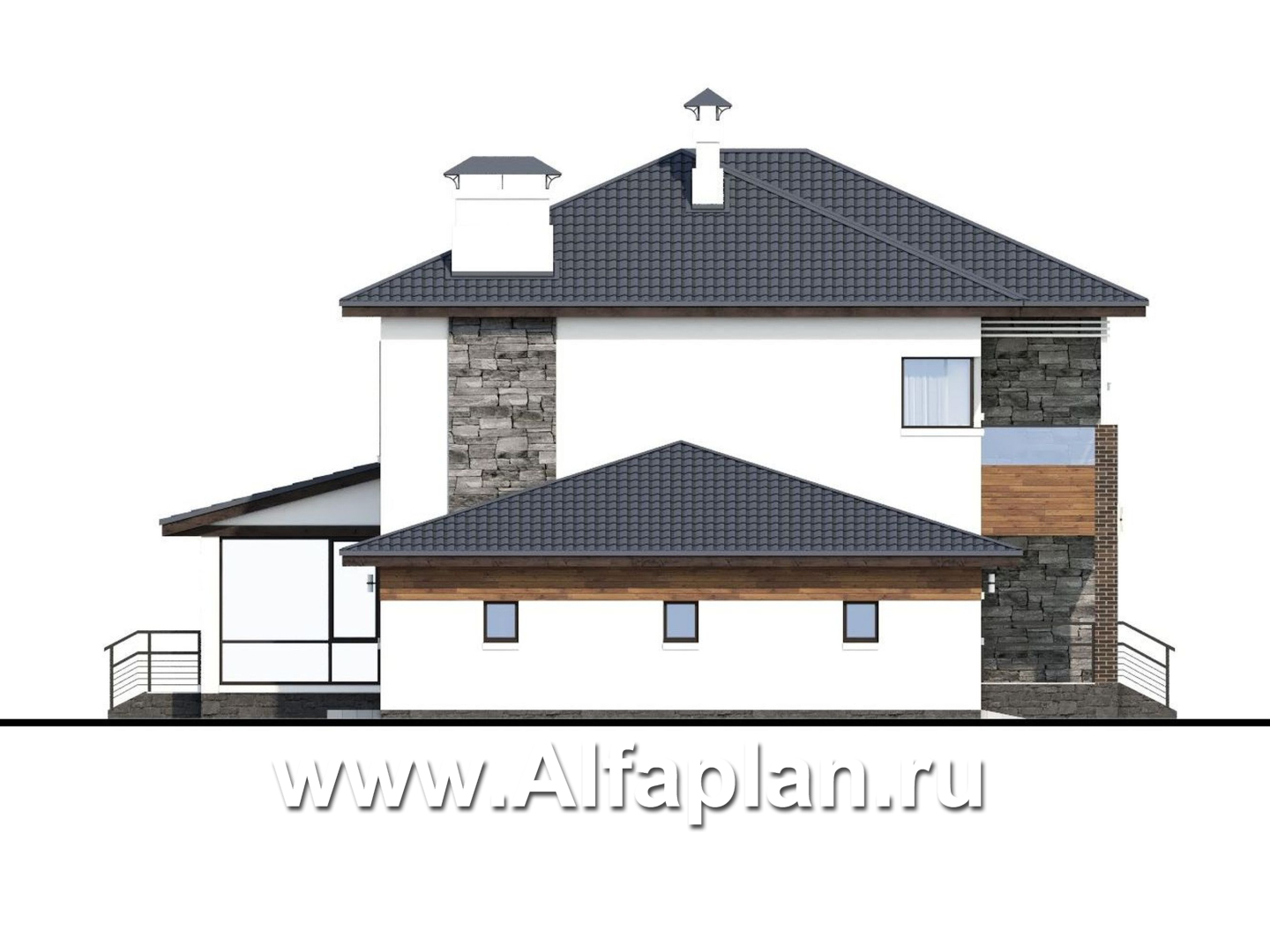 Проекты домов Альфаплан - «Прайд» - современный коттедж с остекленной верандой и гаражом - изображение фасада №3