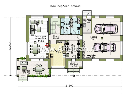 «Летний вечер» - проект двухэтажного дома, с верандой и с гаражом на 2 авто, в современном стиле - превью план дома