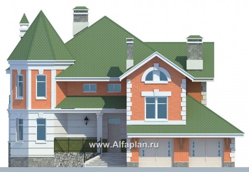 Проекты домов Альфаплан - «Паркон» - коттедж с угловой башенкой - превью фасада №1