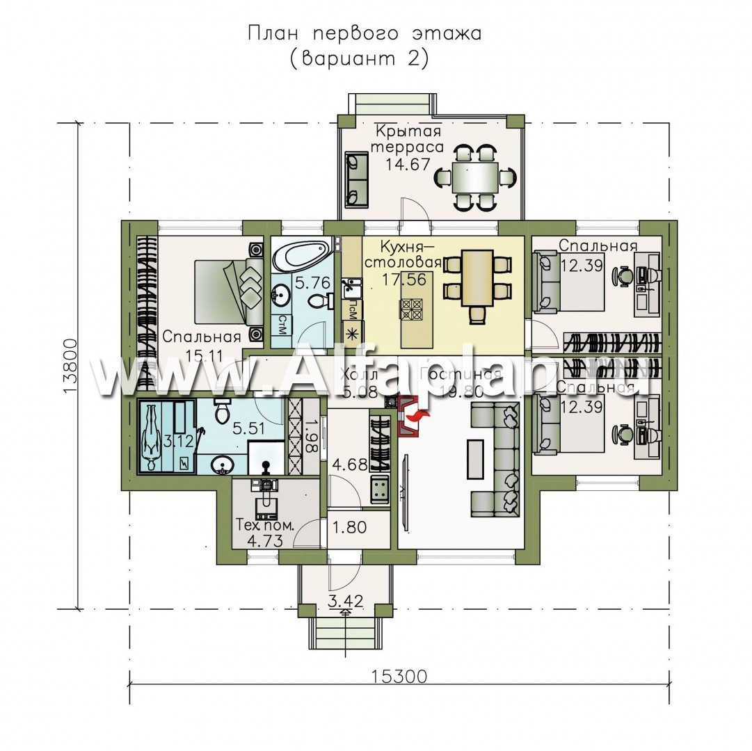 Проекты домов Альфаплан - «Безоблачный» - экономичный и комфортный одноэтажный дом - изображение плана проекта №2
