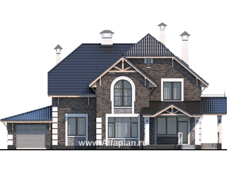 Проекты домов Альфаплан - «Ясная поляна»- коттедж для большой семьи с гаражом и бильярдной - превью фасада №1