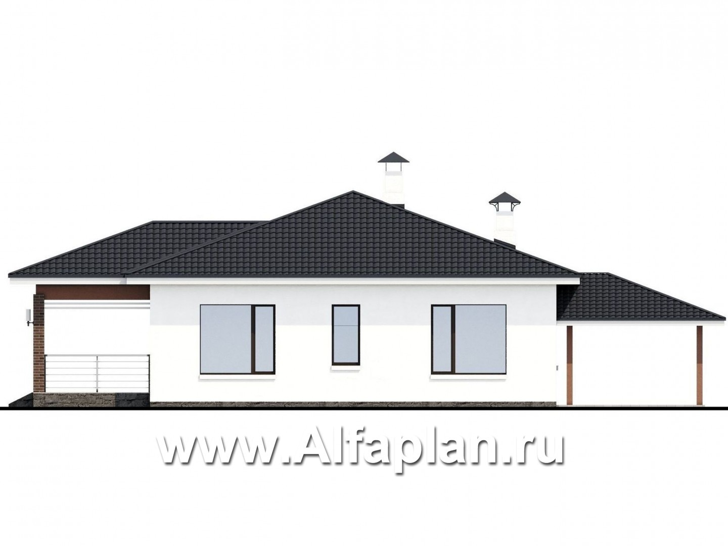 Проекты домов Альфаплан - «Гемера» - стильный одноэтажный дом с эркером и гаражом-навесом - изображение фасада №4