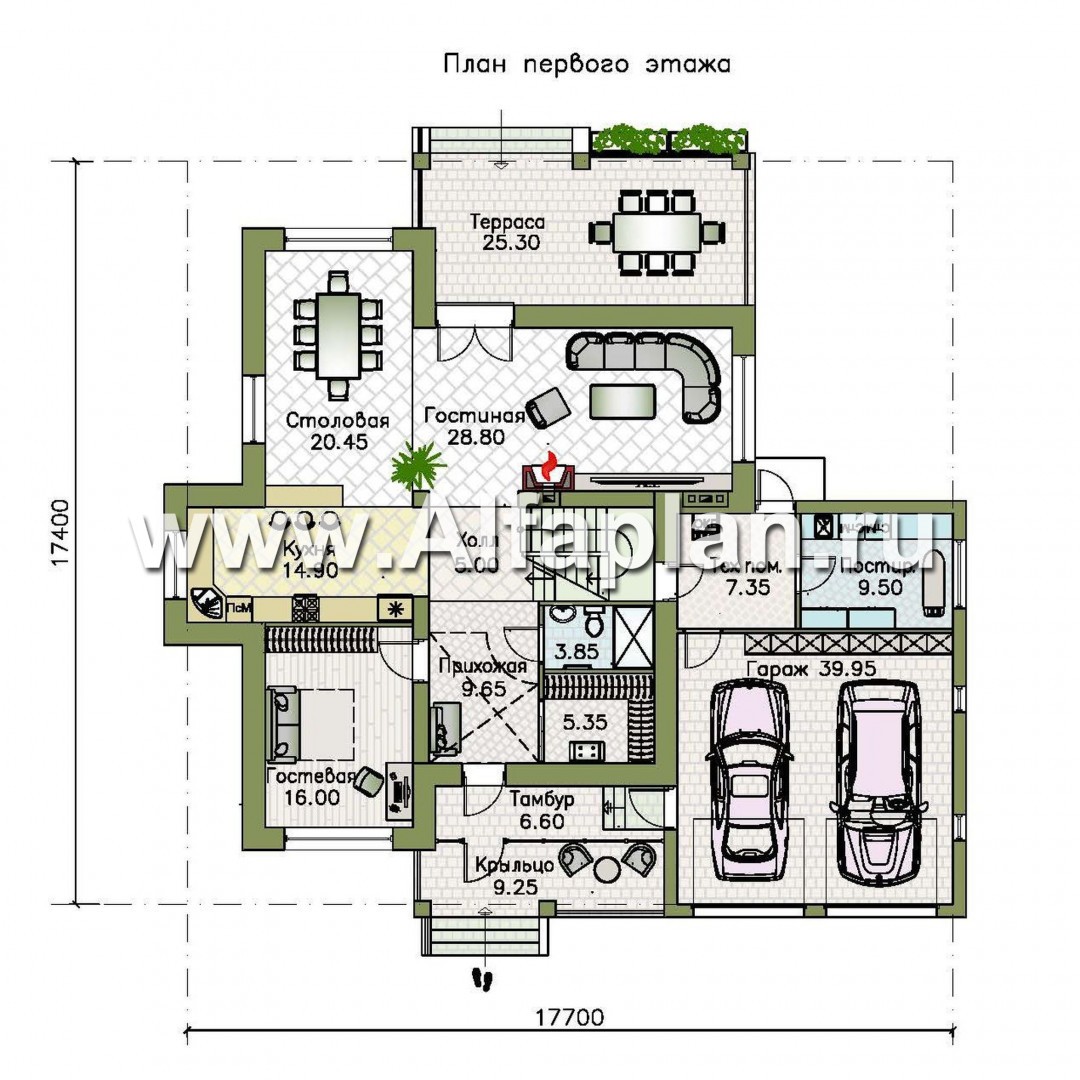Проекты домов Альфаплан - «Капулетти» - двухэтажный коттедж с гаражом на две машины - изображение плана проекта №1