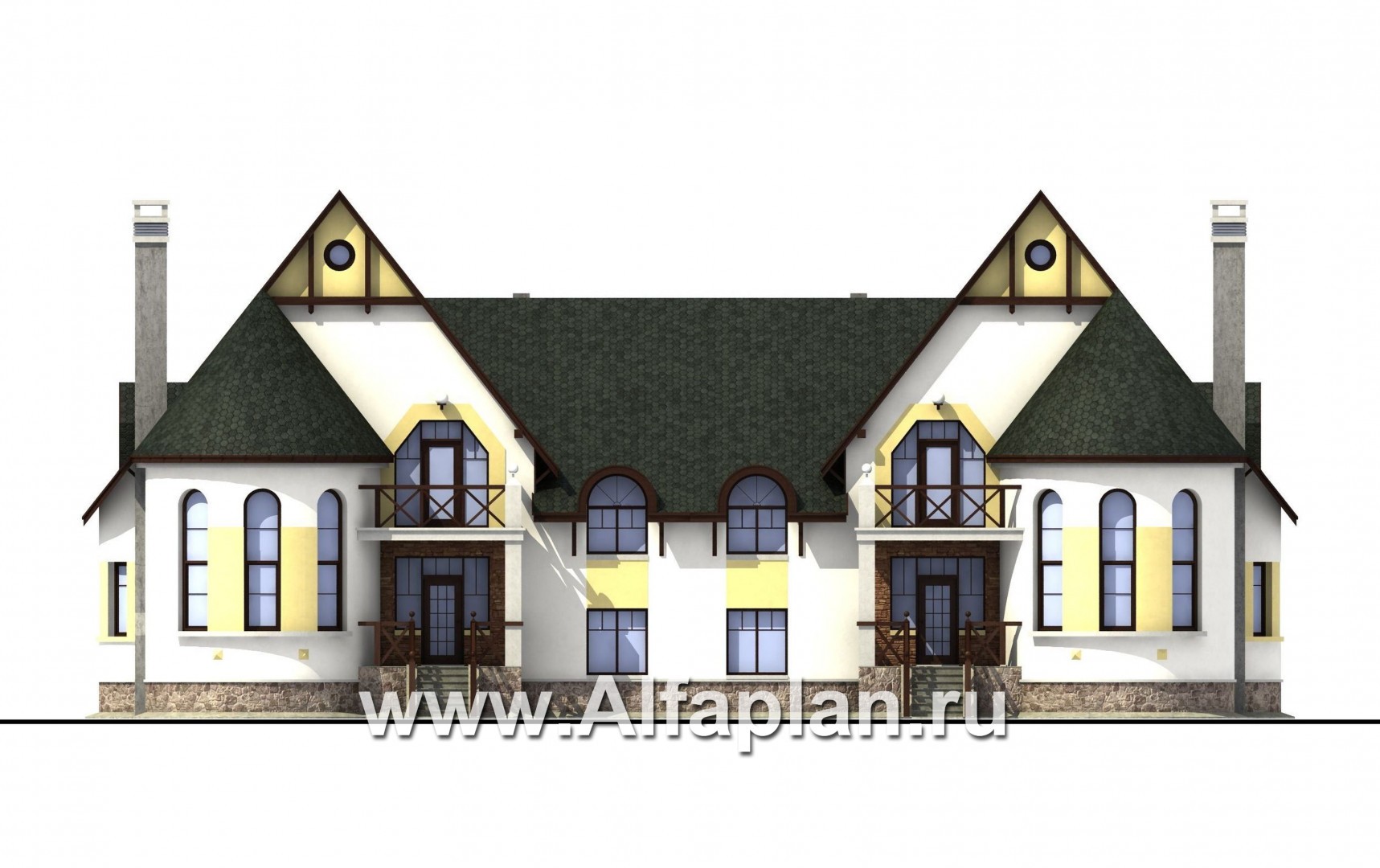 Проекты домов Альфаплан - «Онегин» - дуплекс (дом на две семьи) в стиле замка - изображение фасада №1