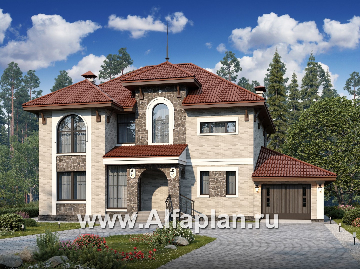 Проекты домов Альфаплан - «Айвенго» — особняк для большой семьи с жилой мансардой и гаражом - основное изображение