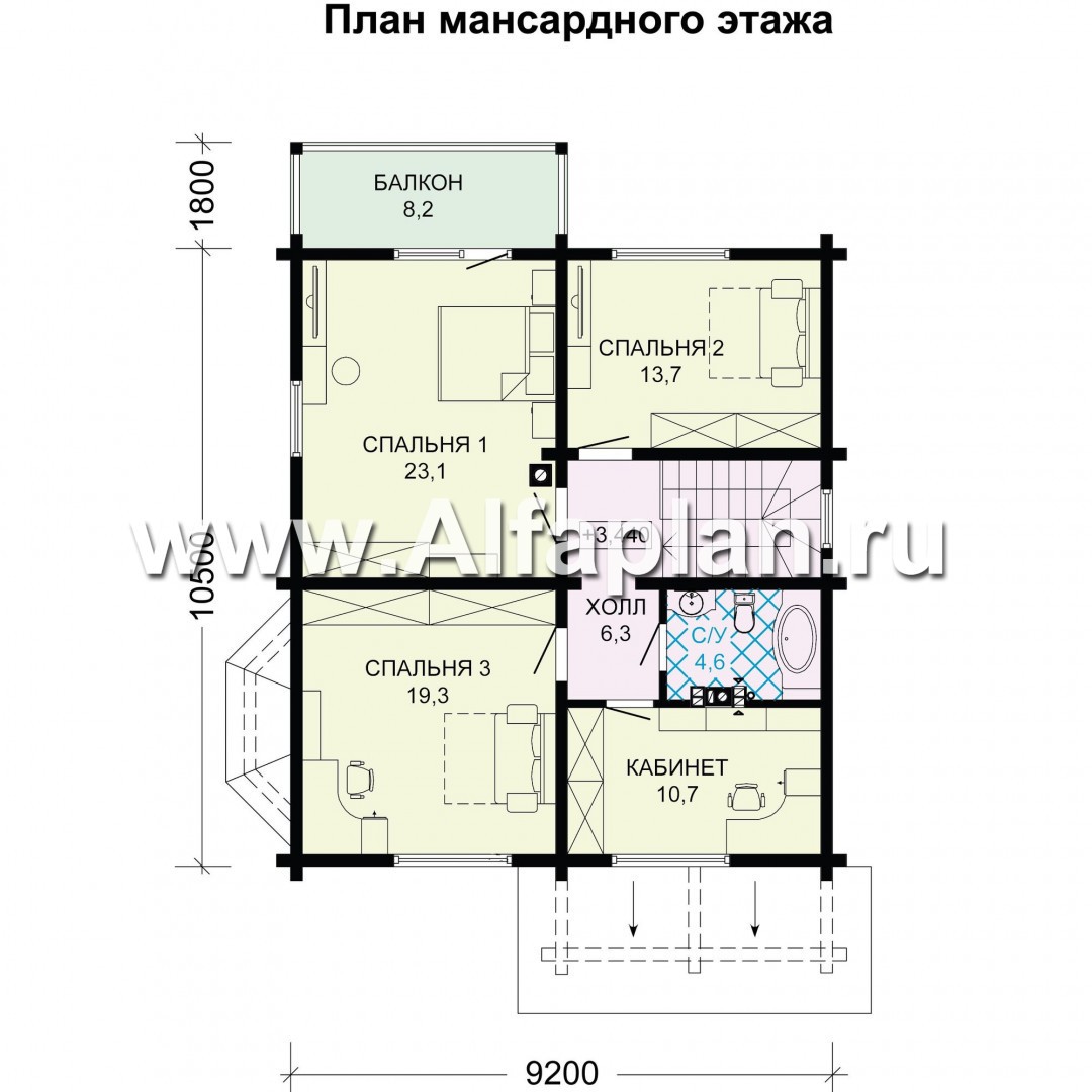 Проект двухэтажного коттеджа из бруса, планировка с кабинетом и с эркером, терраса со стороны входа - план дома