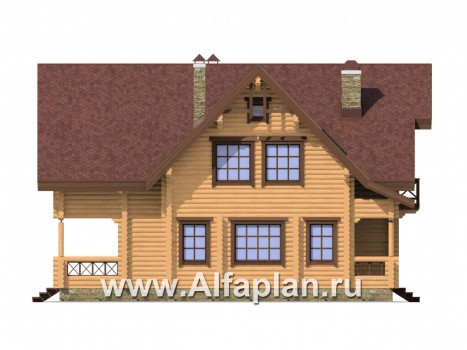 Проект деревянного дома с мансардой, из бревен, с верандой - превью фасада дома