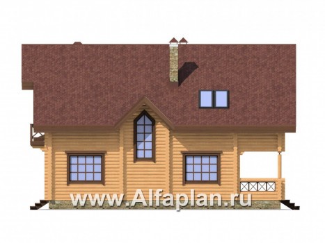 Проект деревянного дома с мансардой, из бревен, с верандой - превью фасада дома
