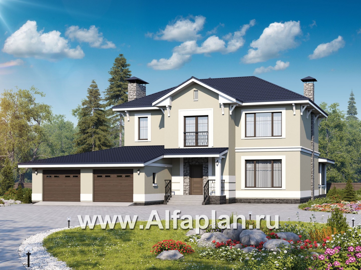 Проекты домов Альфаплан - «Семь ветров» - двухэтажный  комфортабельный коттедж с большим гаражом. - основное изображение